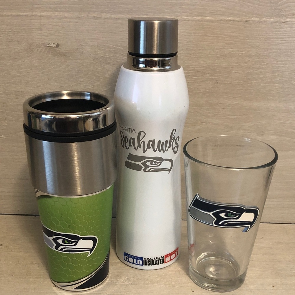 Seattle Seahawks NFL Licensed Bundle Water Bottle, Travel Tumbler & Drink Glass